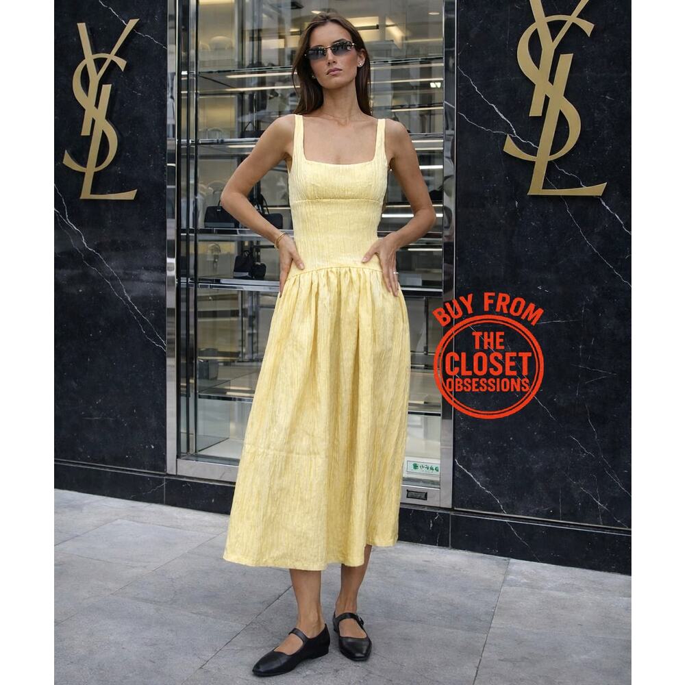 ZARA Yellow Textured Midi Dress NWT Square Neck Open Back Cottagecore Size S - Picture 11 of 16